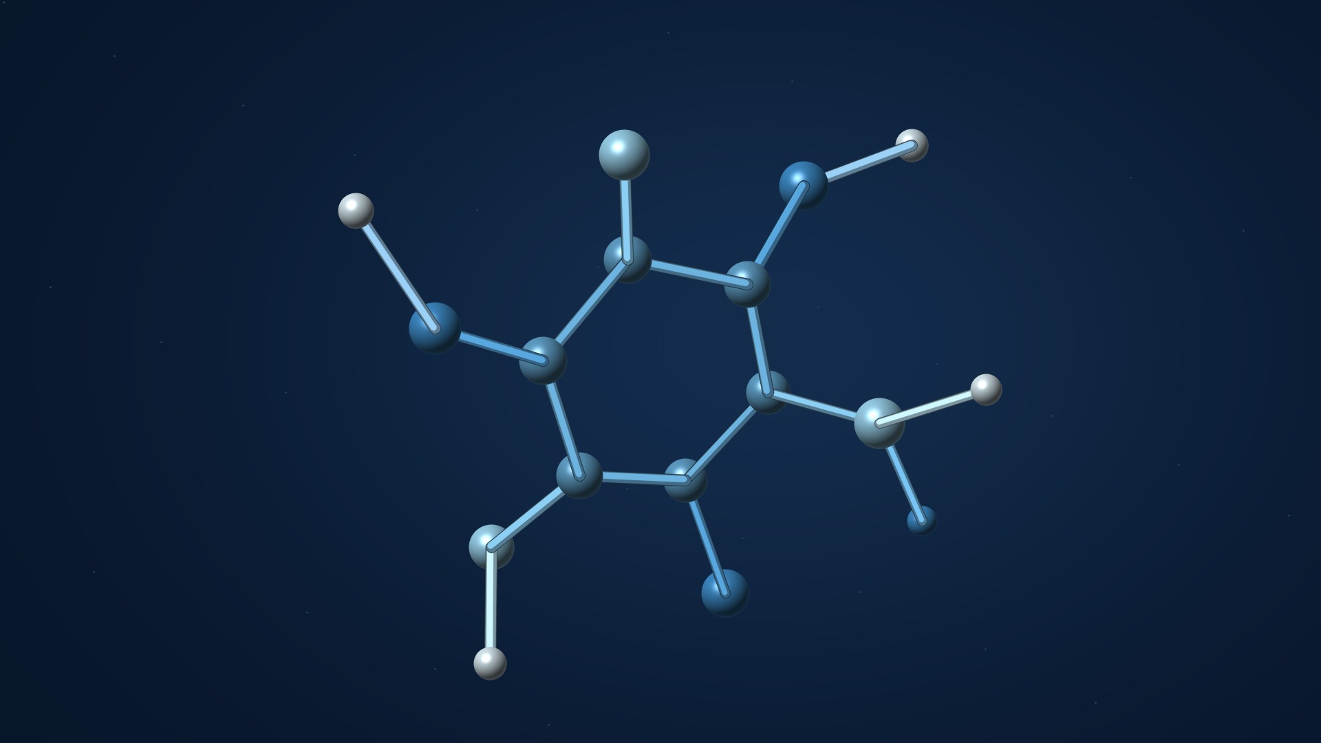 Animated molecular structure against a midnight-blue background.