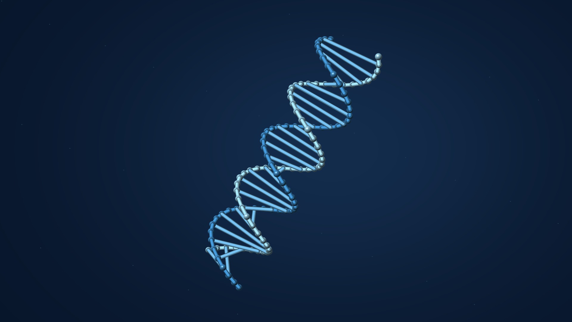 Rotating DNA double helix against a midnight-blue background.