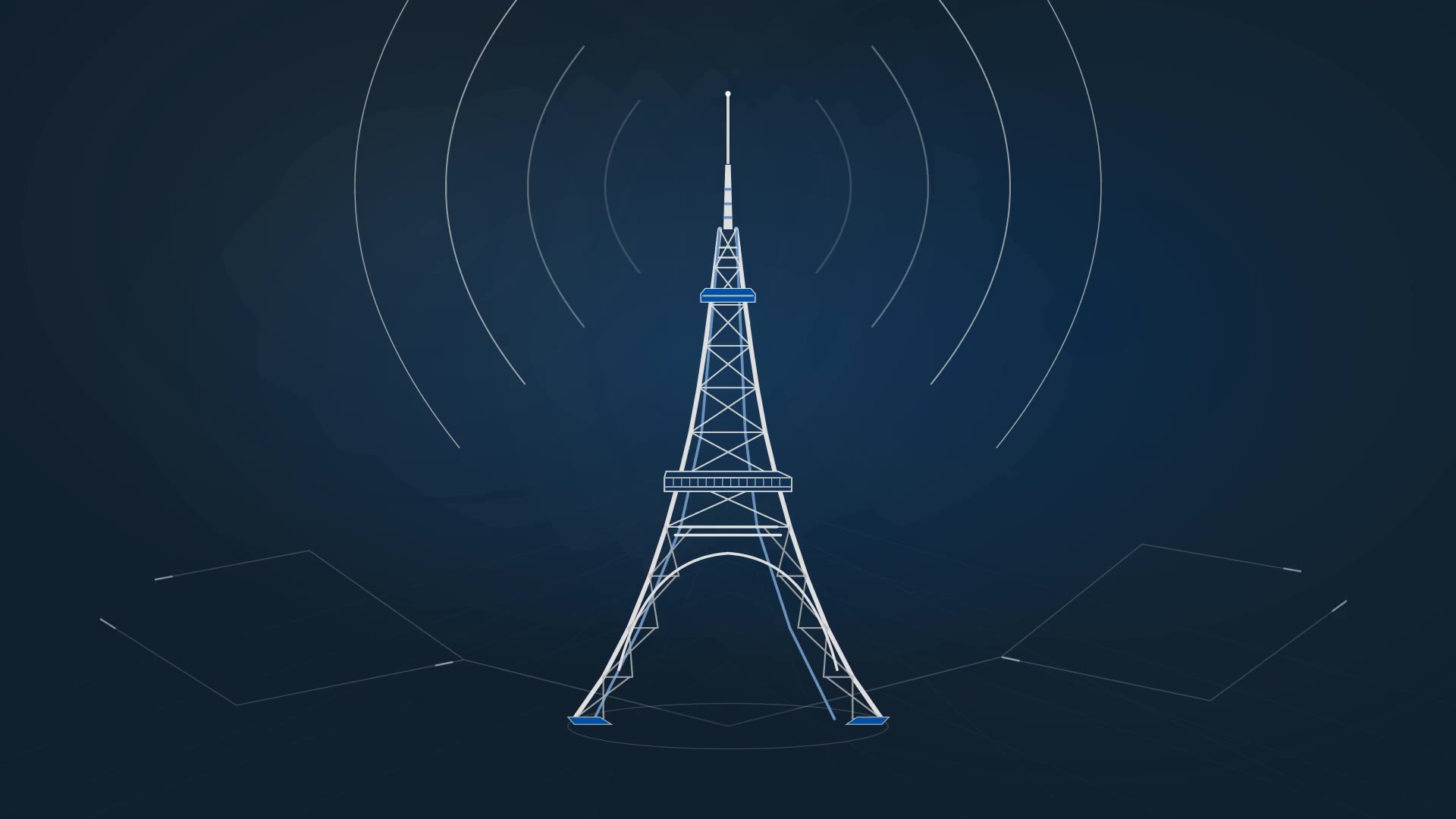 Slender telecommunications tower and radio waves against a blue background.