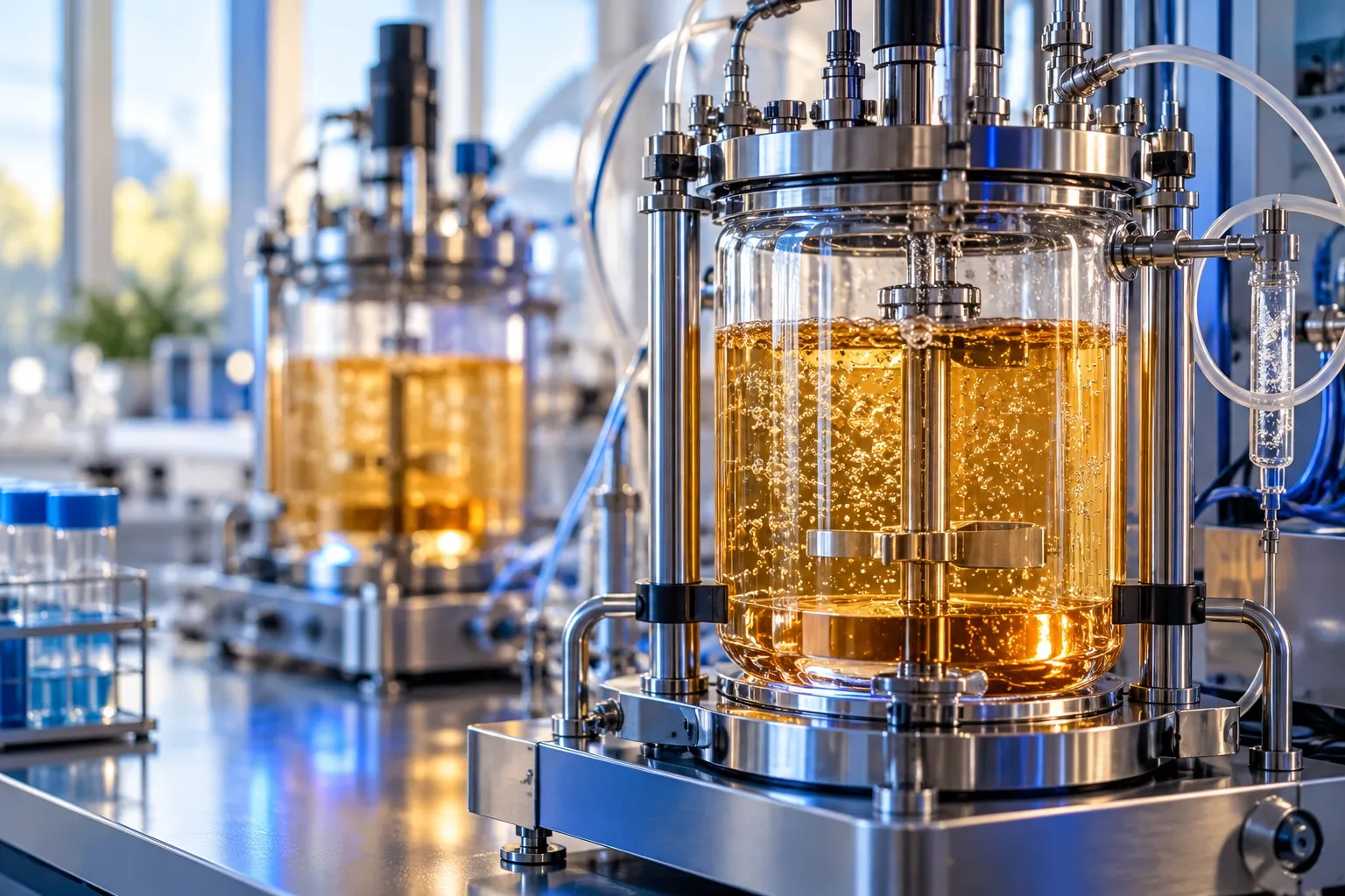 Bioréacteurs en verre dans un laboratoire de recherche en biotechnologies