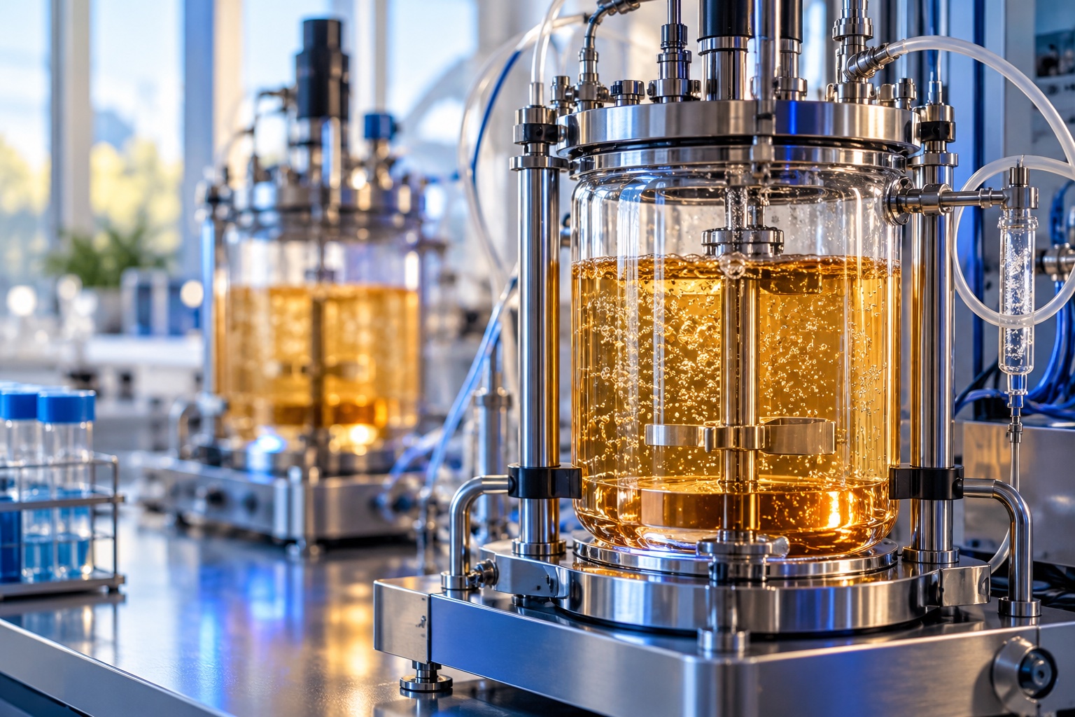 Bioréacteurs en verre dans un laboratoire de recherche en biotechnologies