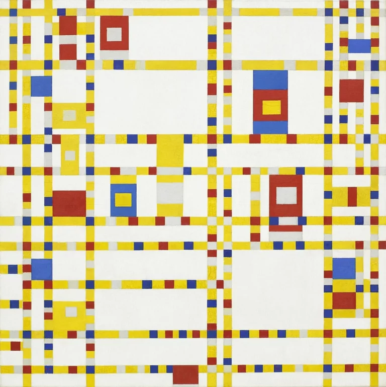 Réseau de lignes jaunes ponctuées de carrés rouges, bleus et gris.