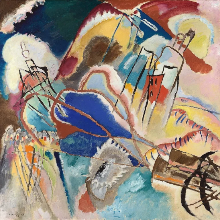 Formes et traits en tension, avec des canons stylisés, dans une composition vivement colorée.