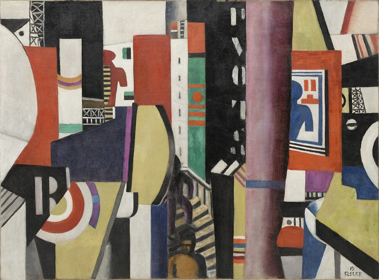 Formes urbaines et mécaniques imbriquées, aux couleurs franches.