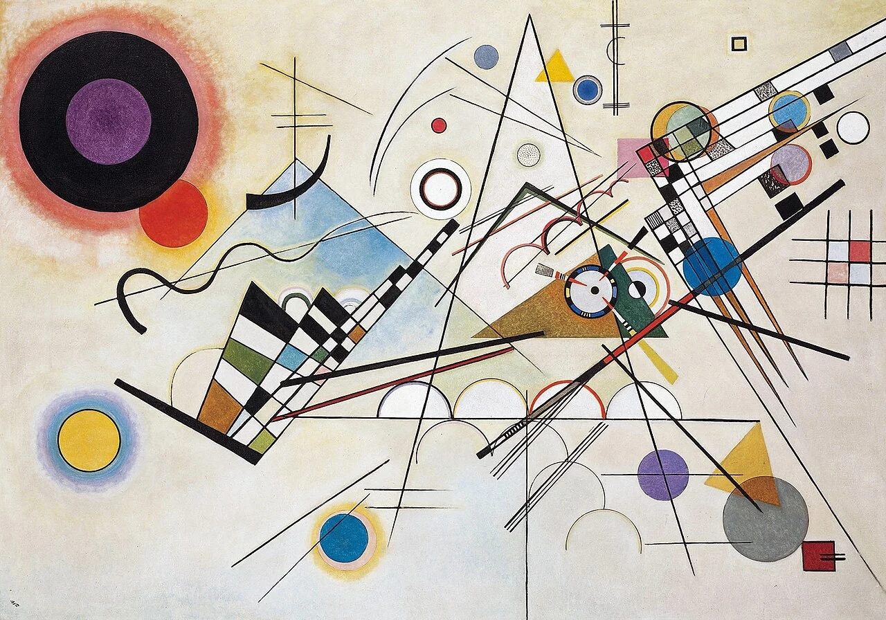 Composition abstraite de cercles, de lignes et de triangles sur fond clair.