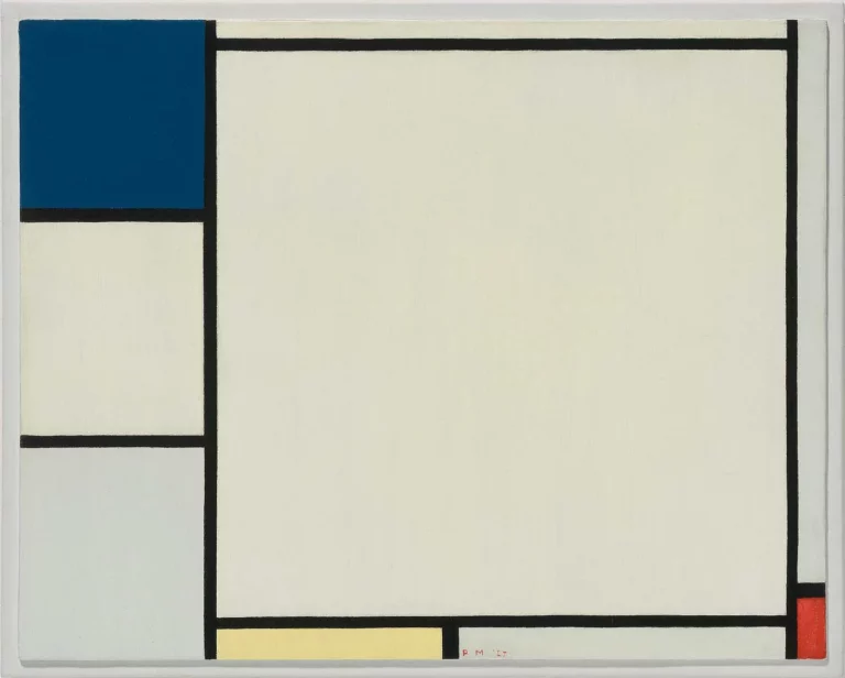 Grille noire divisant la toile en surfaces blanches, bleues, jaunes et rouges.