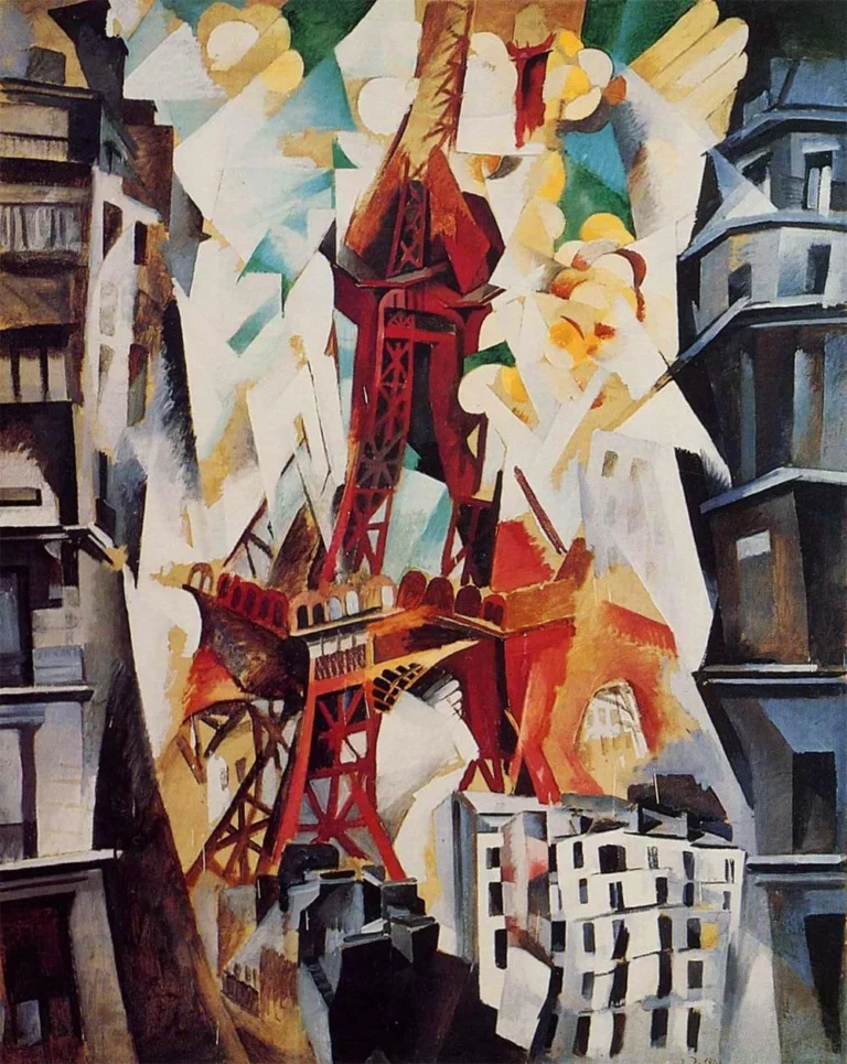 La tour Eiffel rouge, fragmentée en facettes entre des immeubles et des éclats de lumière.