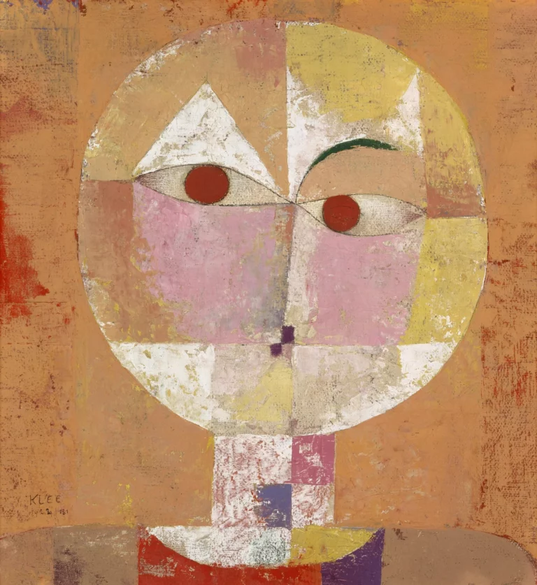 Visage stylisé composé de plans orange, roses et jaunes.