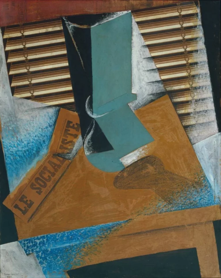 Nature morte cubiste où une jalousie filtre la vue et la lumière.