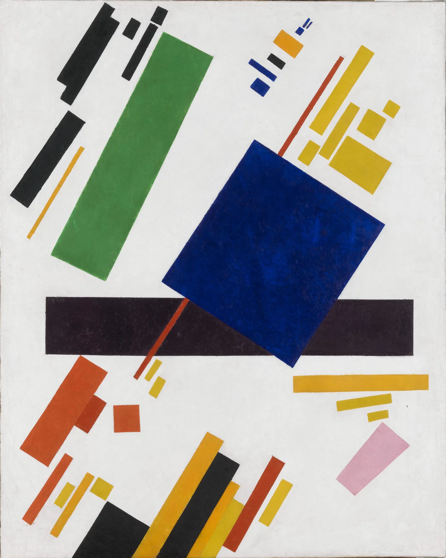 Rectangles bleus, rouges, jaunes et noirs en équilibre sur un fond blanc.