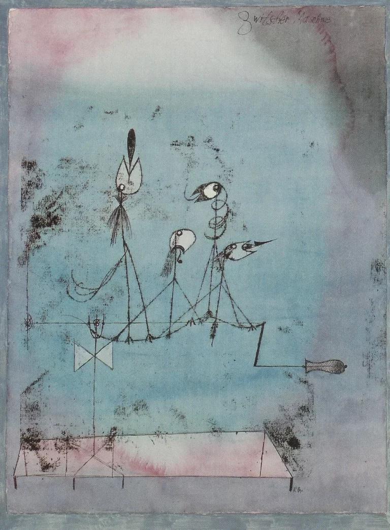 Oiseaux mécaniques reliés à une manivelle, dessinés sur un fond bleu et rose.
