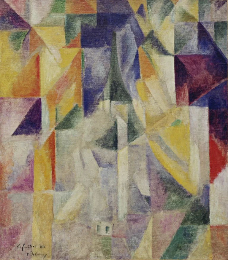 Plans de couleurs superposés évoquant une vue fragmentée à travers une fenêtre.