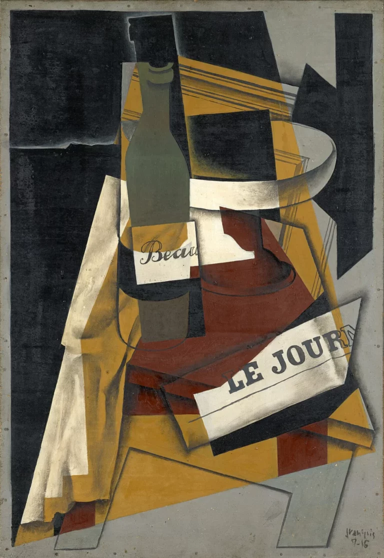 Bouteille, journal et compotier, œuvre de Juan Gris.