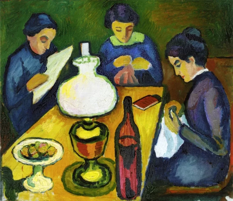 Three Women at the Table by the Lamp, œuvre de August Macke.